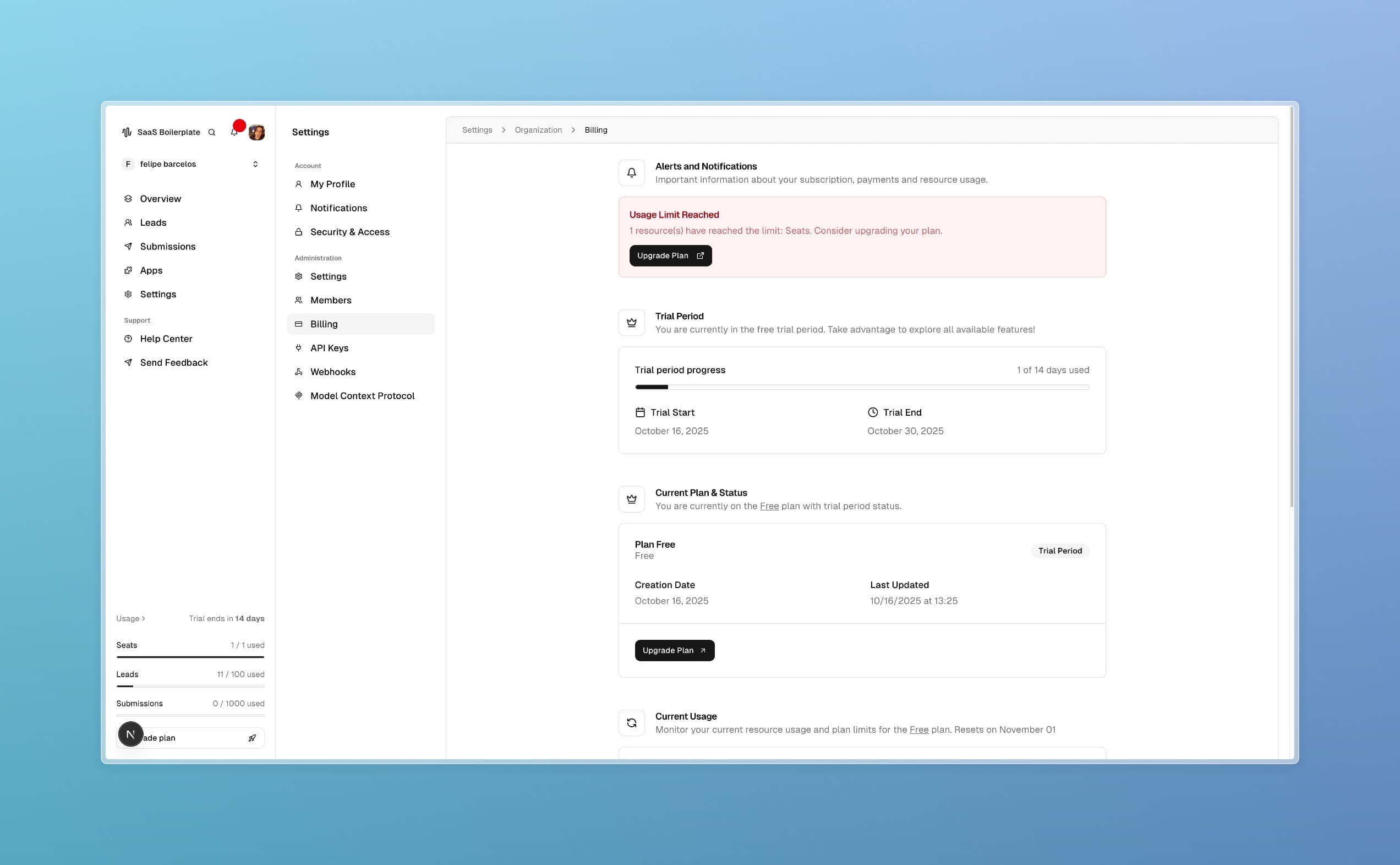 Billing page showing subscription details and plan management options.