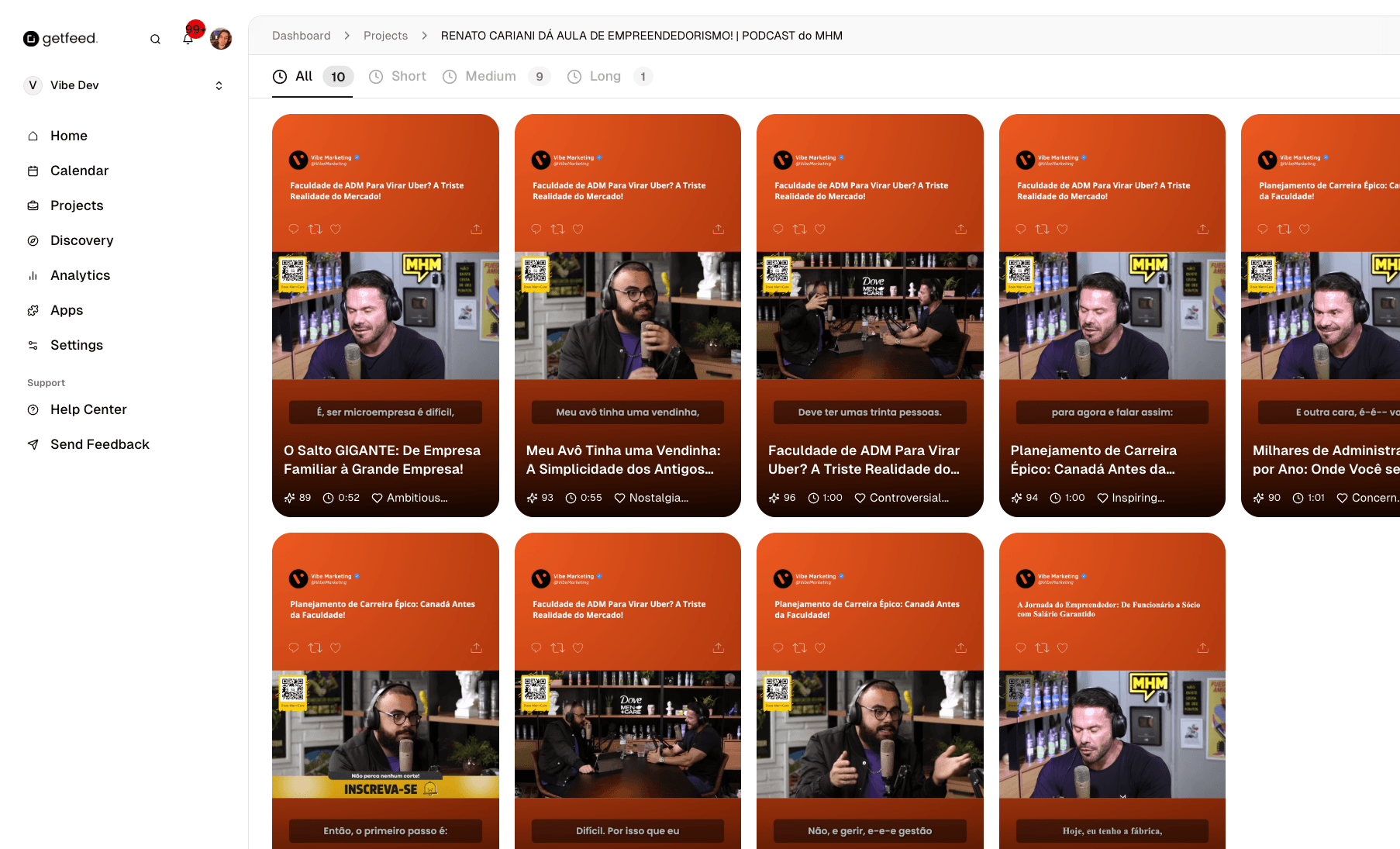 Project page showing generated clips with virality scores