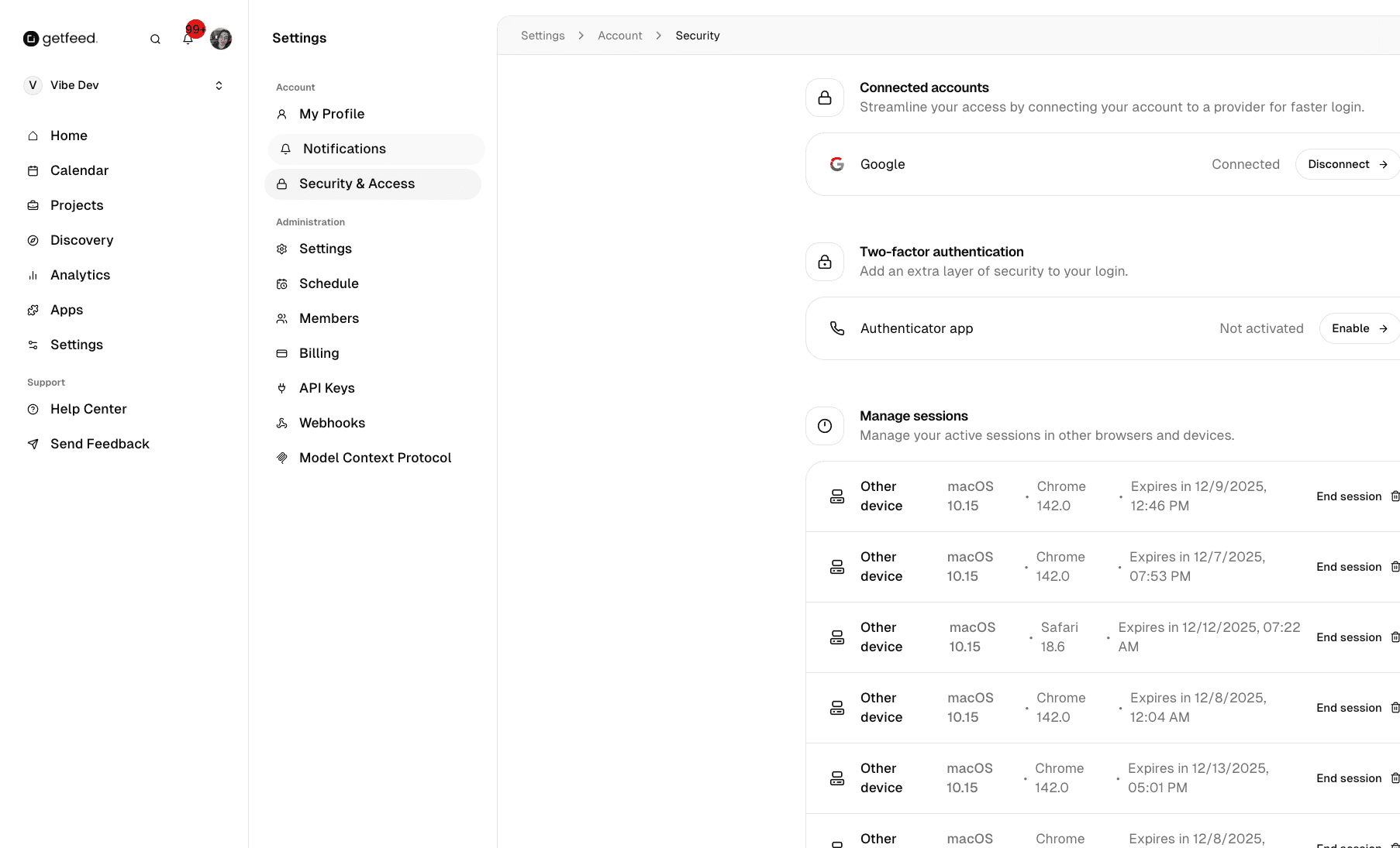 Security & Access page showing security settings and session management